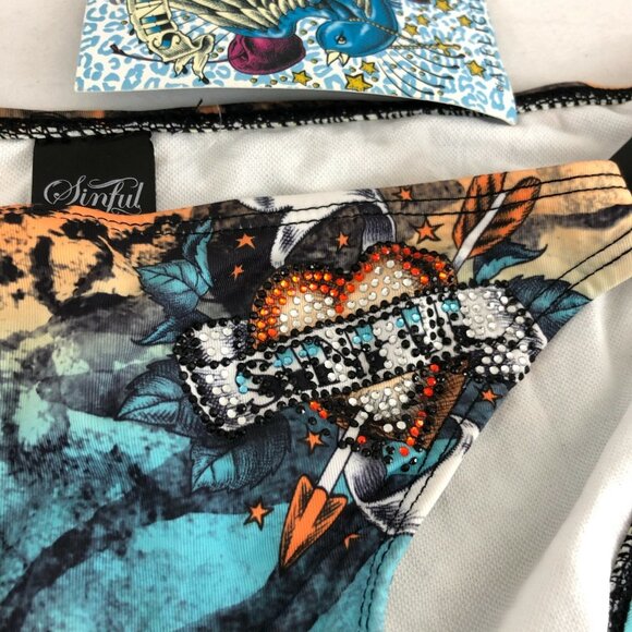 Sinful by Affliction Bikini Bottom Studded Heart Tiger Stripe Rhinestone Blue L - Picture 2 of 7